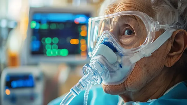 Älterer Patient mit Sauerstoffmaske auf Intensivstation