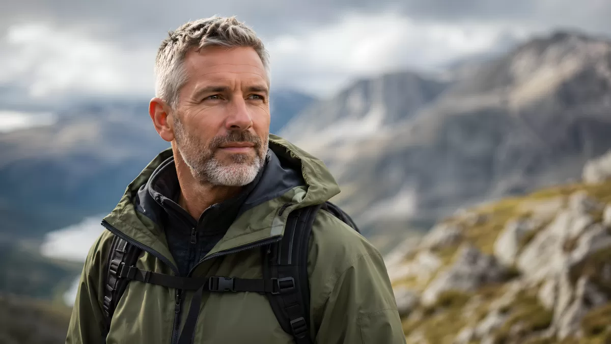 Älterer Wanderer mit Rucksack vor Bergpanorama