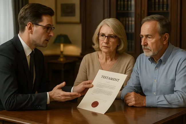 Älteres Ehepaar diskutiert Testament mit Notar