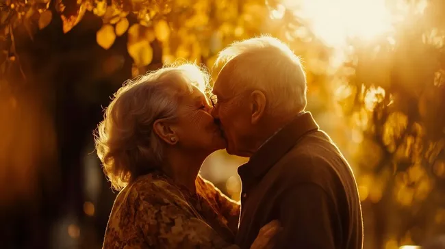 Älteres Liebespaar küsst sich im goldenen Herbstlicht