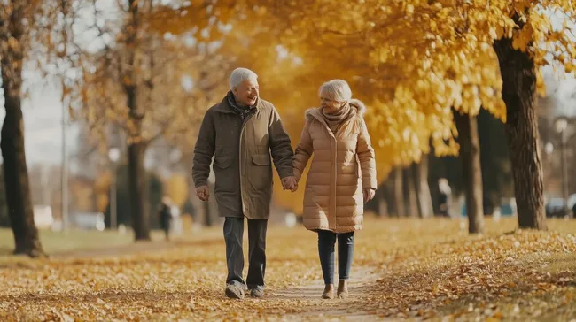 Älteres Paar beim Spaziergang im Herbstwald