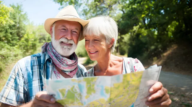 Älteres Paar beim Wandern mit Karte in der Natur