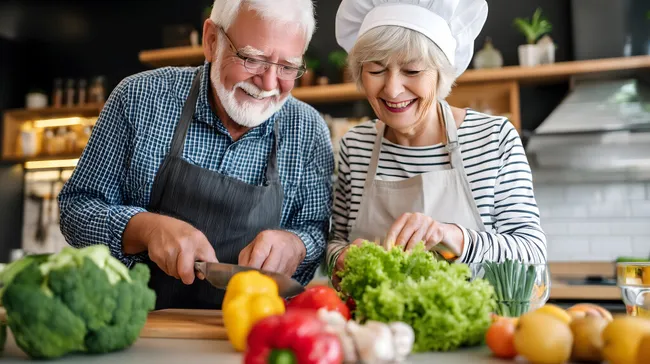 Älteres Paar bereitet zusammen gesundes Gemüse zu