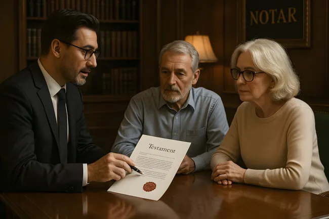 Älteres Paar bespricht Testamentsfragen mit Notar