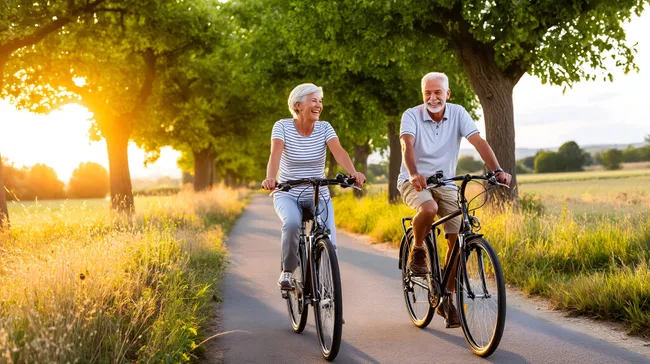 Älteres Paar fährt Fahrrad im Sonnenuntergang