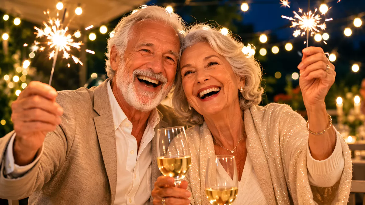 Älteres Paar feiert mit Wunderkerzen und Sekt