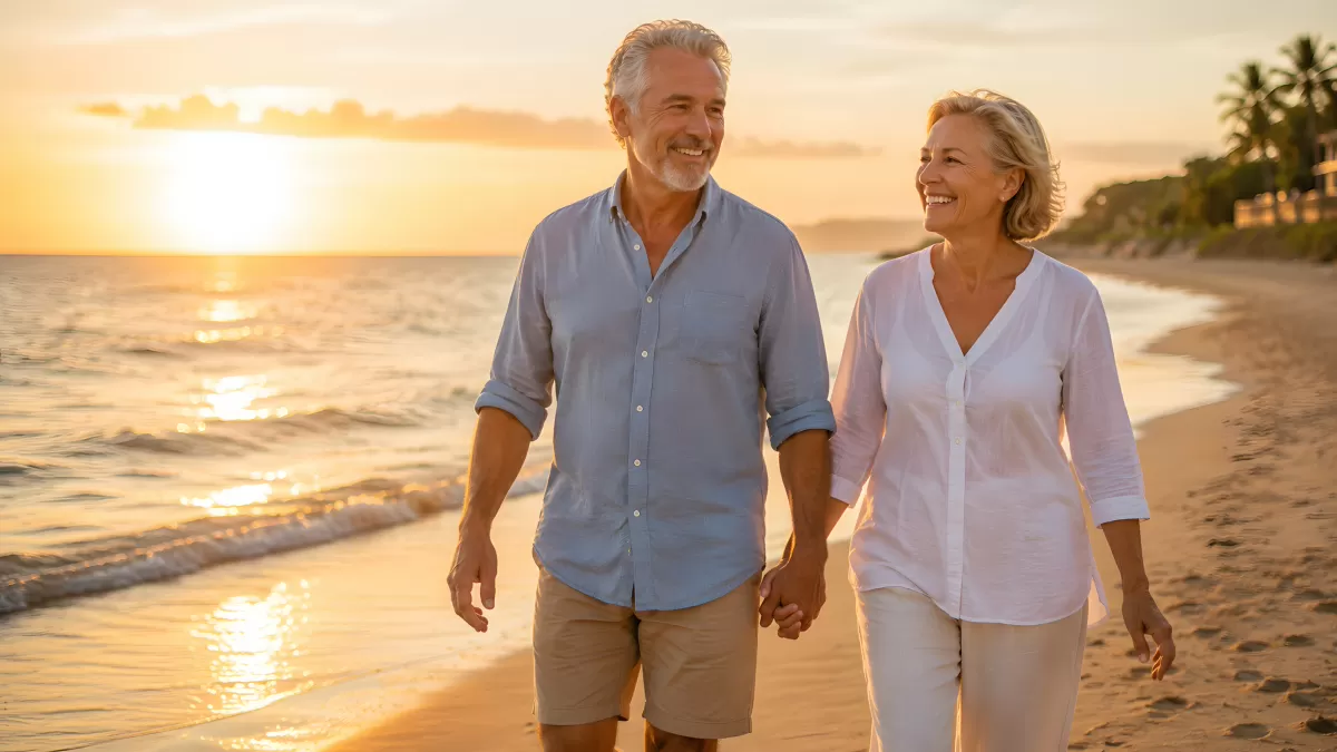 Älteres Paar geht Hand in Hand am Strand im Sonnenuntergang