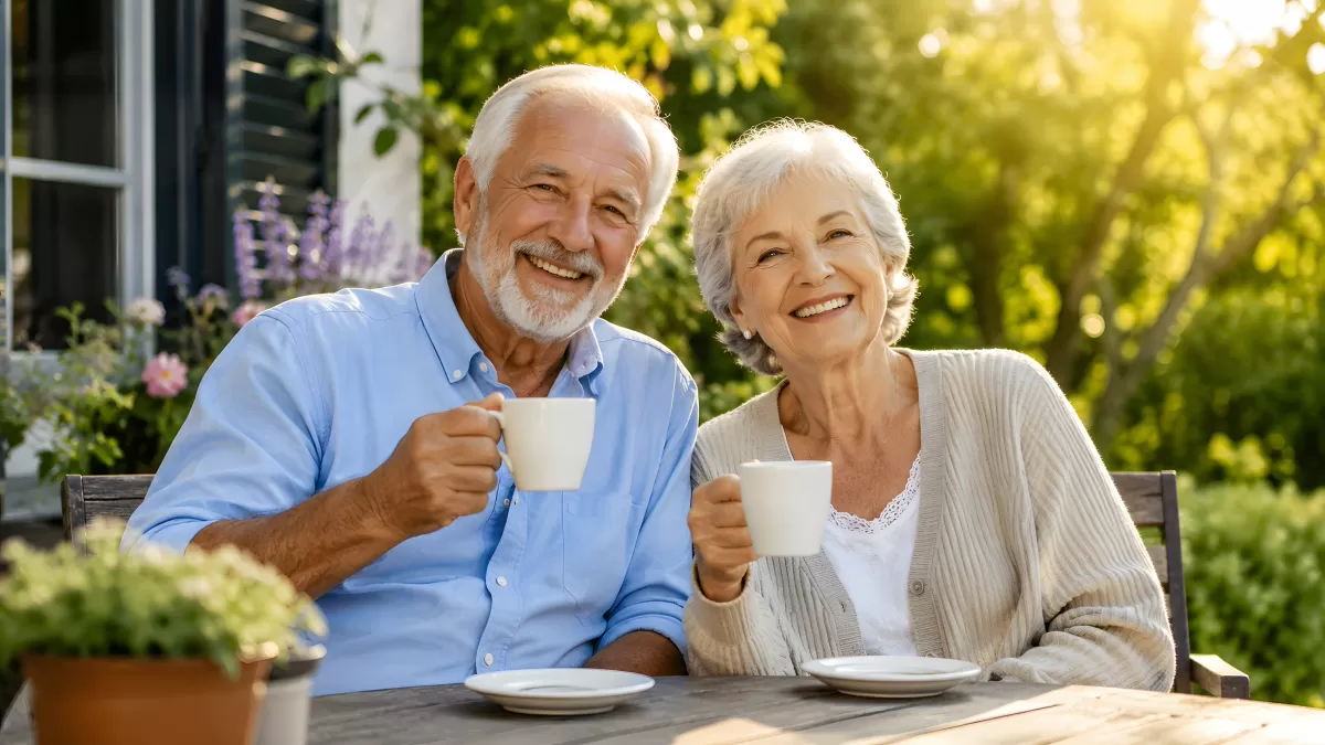 Älteres Paar genießt Kaffee im Sommergarten