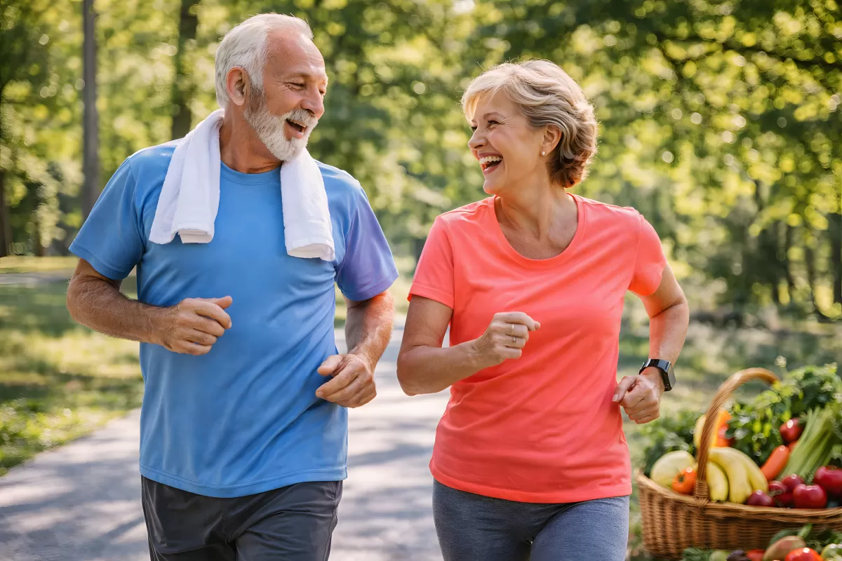 Älteres Paar joggt lachend durch sonnigen Park