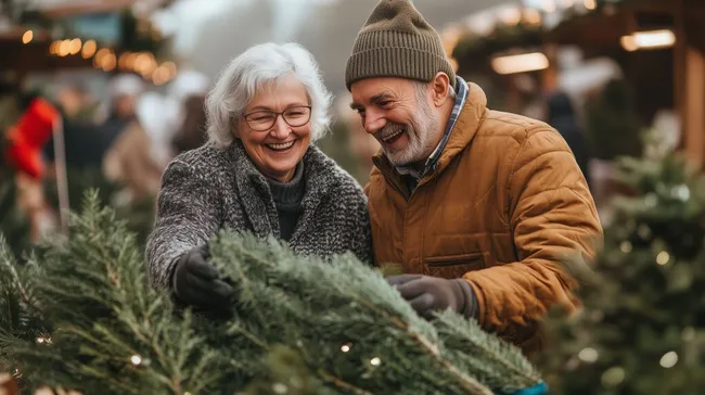 Älteres Paar kauft Weihnachtsbaum auf Weihnachtsmarkt