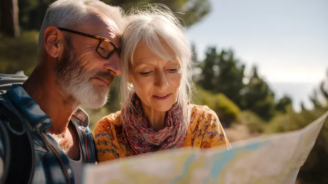 Älteres Paar liest Wanderkarte in der Natur