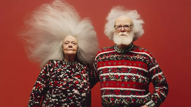 Älteres Paar mit auffallender Frisur und Weihnachtspullovern