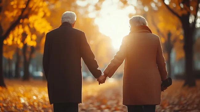 Älteres Paar spaziert bei Sonnenuntergang durch herbstlichen Park