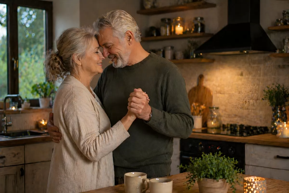 Älteres Paar tanzt romantisch in gemütlicher Küche