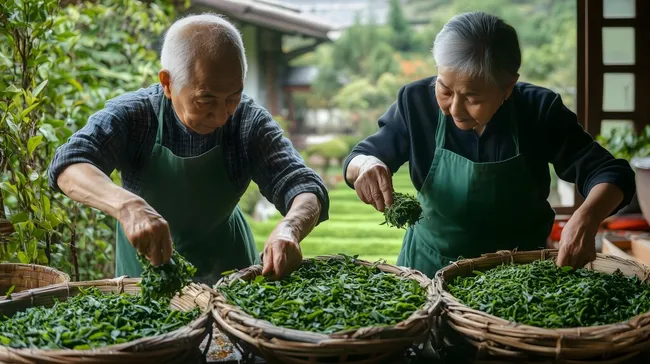 Älteres Paar verarbeitet frische Teeblätter im ländlichen Garten