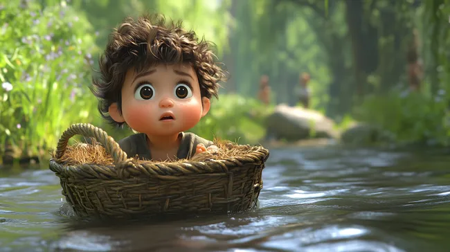 Ängstlicher Junge im Korb auf ruhigem Fluss