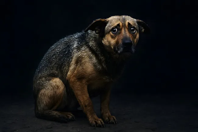 Ängstlicher Schäferhund blickt in dunkler Umgebung