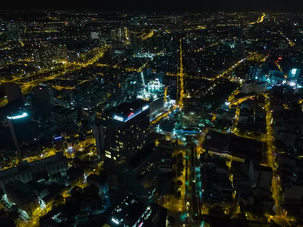 Aerial Drone Night Photo of the Saigon Metro Main Station Construction next to Ben Thanh Market in Ho Chi Minh City, Vietnam