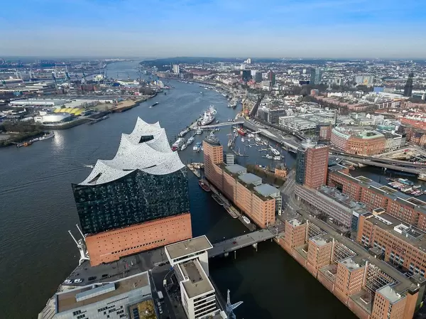 Aerial Drone Photo of Elbphilharmonie Concert Hall in HafenCity Quarter of Hamburg