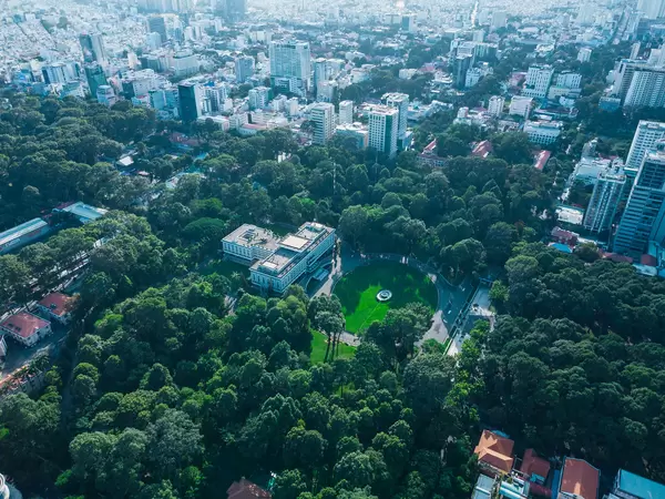 Aerial Drone Photo of the famous tourist attraction the Independence Palace with a large Park around it in Ho Chi Minh City, Vietnam