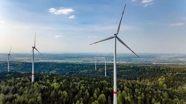 Aerial Drone Shot of Wind Turbines at Wind Park in Straubenhardt, Germany