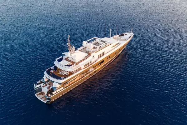 Aerial image of a superyacht at sea in the South Aegean
