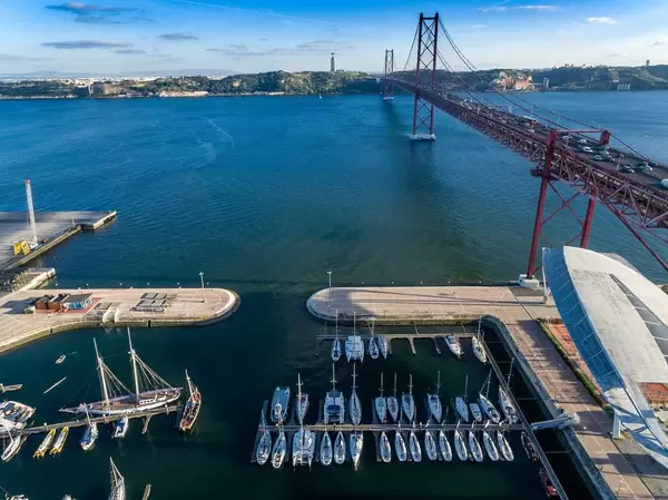 Aerial of Doca de Recreio de Santo Amaro and Ponte 25 de Abril