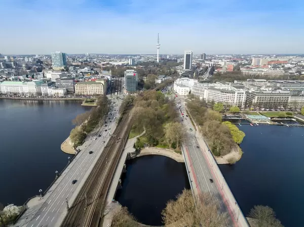 Aerial of Hamburg's Kennedy Bridge