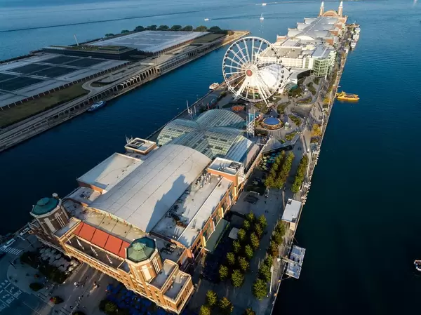 Aerial photo: Chicago Children's Museum with Navy Pier, Centennial Wheel and Amazing Chicago Funhouse Maze in the background