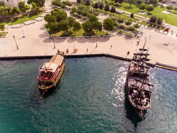 Aerial photo of a Trireme and a mediaeval sailing ship