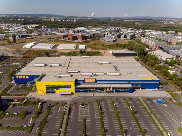 Aerial photo of an IKEA store and parking lot
