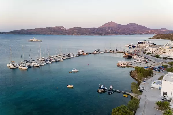 Aerial photo of boats in Adamantas, the harbour town of the island of Milos in the South Aegean