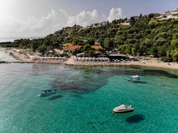 Aerial photo of the beach in Afitos, Chalkidiki