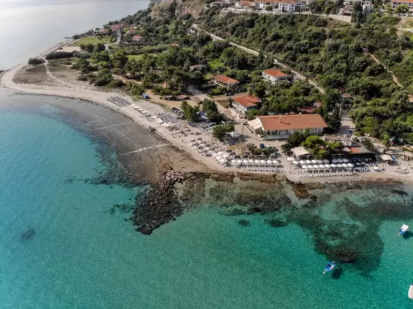 Aerial photo of the entire beach in Afitos, Greece