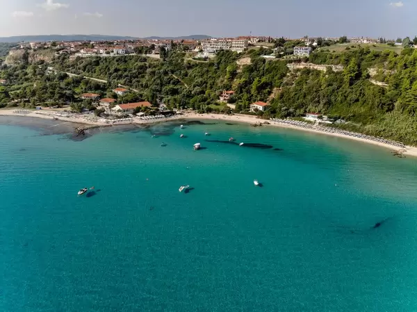 Aerial photo of the idyllic town of Afitos, Greece