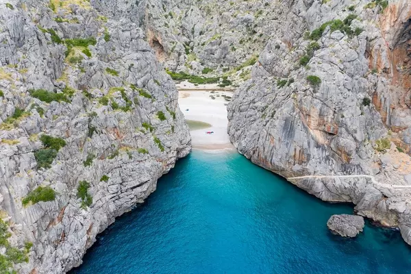 Aerial photo of the Sa Calobra canyon formed by the Torrent de Pareis estuary. North coast of Majorca