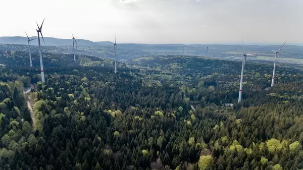 Aerial photo of wind power stations. New wind farm Straubenhardt