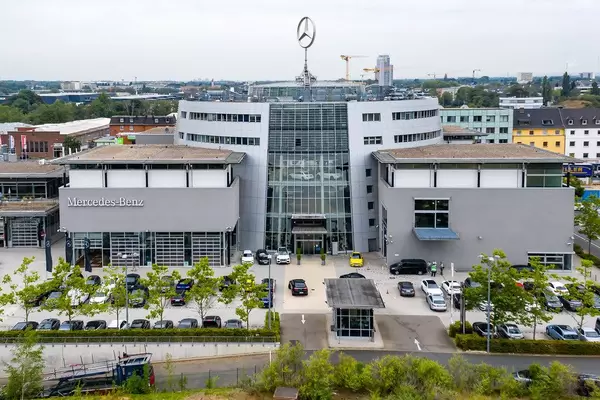 Aerial photo shot with the drone DJI Mavic Pro 2, showing Mercedes-Benz branch in Cologne and a large Mercedes star on the roof