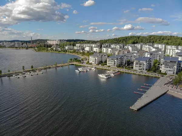 Aerial photo shows the Ironman race track at the coast of Lahti, Finland, next to a yacht harbour at Lake Vesijärvi