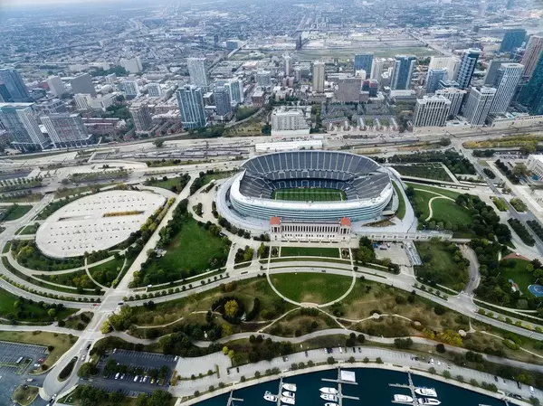 Aerial photo: Soldier Field stadium and Chicago's highrises