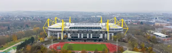 Aerial photography of soccer stadium "Signal Iduna Park" in Dortmund City Centre West, Germany