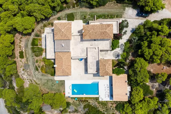 Aerial picture of a luxury house with private pool and garden on the greek island Spetses