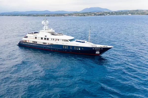 Aerial picture of a the Rare Find by Turquoise Yachts and designed by Dubois Naval Architects, on the blue sea of the Argolic Gulf, in front of Kosta, Greece