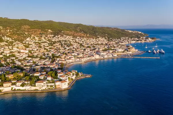 Aerial picture of greek houses at the coast of Spetses Island in the Myrtoan Sea