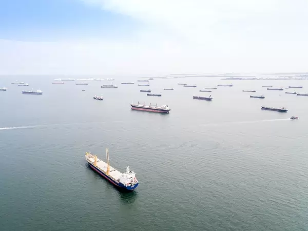Aerial: Ships in front of Singapore