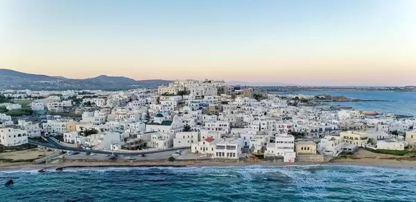 Aerial shot of Naxos Town (Chora), main port and capital of the island Naxos in the Cyclades, Greece