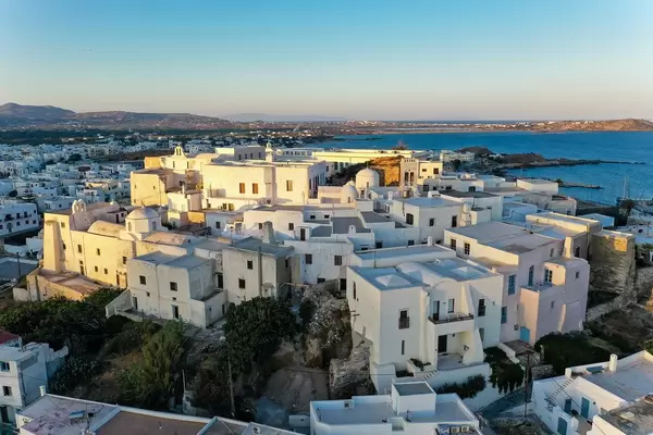 Aerial shot of the city centre of Chora, capital of the Greek island of Naxos, with typical white buildings