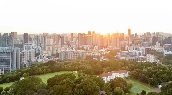 Aerial: Skyline of Singapore during Sundowner