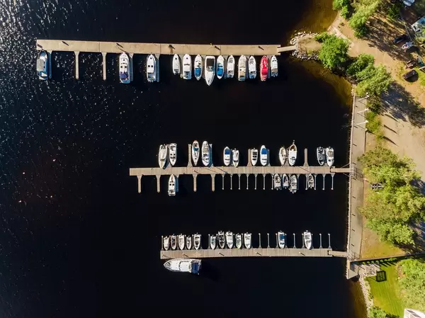 Aerial view of a small Port for motorboats at Lake Päijänne in Padasjoki, Finland