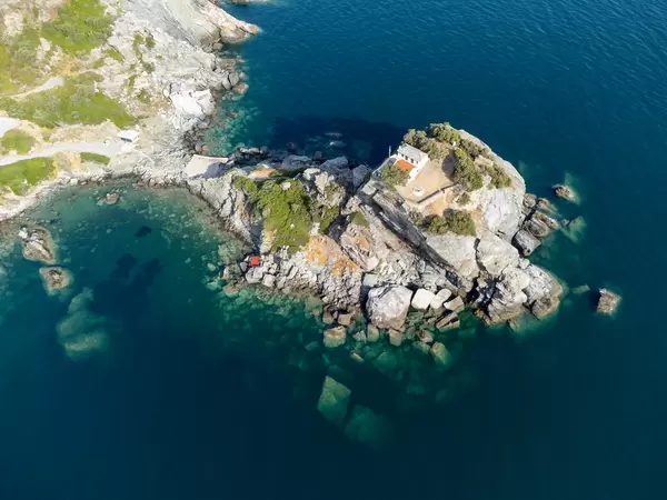 Aerial view of Agios Ioannis Church on Skopelos, famous for the wedding scene in Mamma Mia!